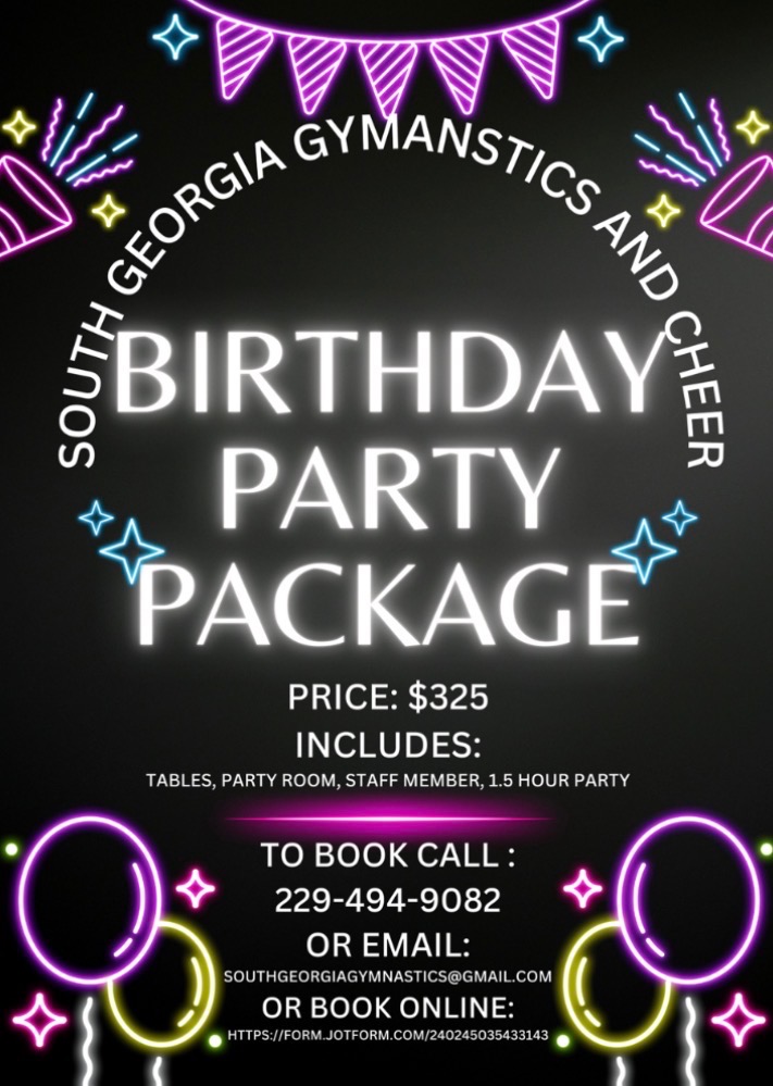 South Georgia Gymnastics birthday party package flyer