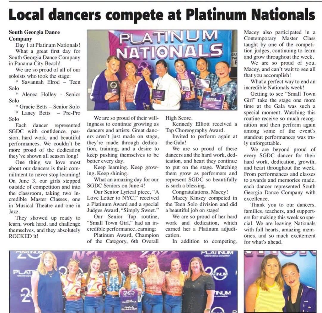 Local dancers compete at Platinum Nationals — newspaper feature